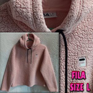 Thick & Warm FILA Pink Chunky Faux Sherpa Hooded Sweater Size Large (T-199)
